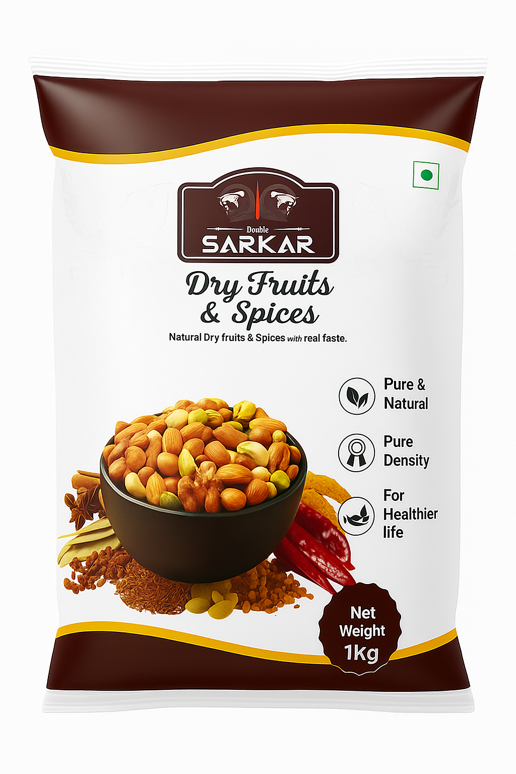 Sarkar Dry Fruits & Spices packaging with a bowl of mixed nuts and seeds on a white background.